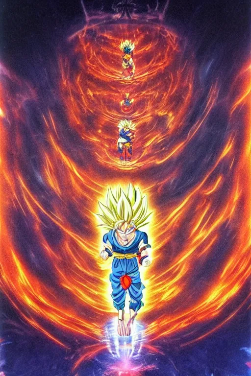 Prompt: Male Anime Character Son Goku Super Saiyan 4 cyborg in the center giygas epcotinside a space station eye of providence Beksinski Finnian vivid HR Giger to eye hellscape mind character Environmental