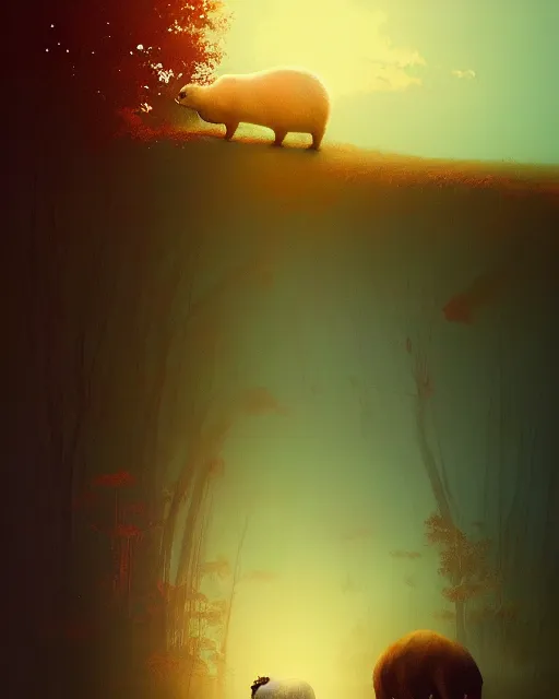 Image similar to white capybara at siberia, surreal photography, warm dramatic light, impressionist painting, colorful clouds, digital painting, artstation, kilian eng, john harris, bastien lecouffe - deharme, simon stalenhag, flower face