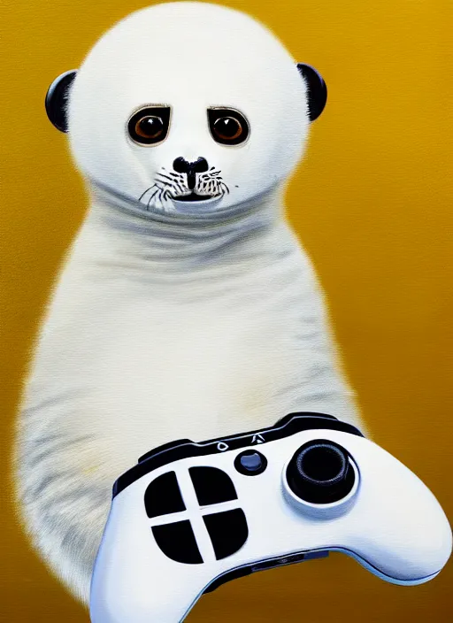 Image similar to highly detailed painting of cute furry white baby seal with an xbox controller by william turner, thick brush strokes and visible paint layers, 4 k resolution