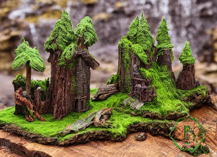 Image similar to high - res photograph of a wood sculpture diorama with fantasy castles, highly detailed sculpey diorama, forest setting in iceland, waterfall backdrop, realistic materials, wood, felt, cloth, burlap, copper wire, hot glue, smooth, sharp foccus, commercial product photography,