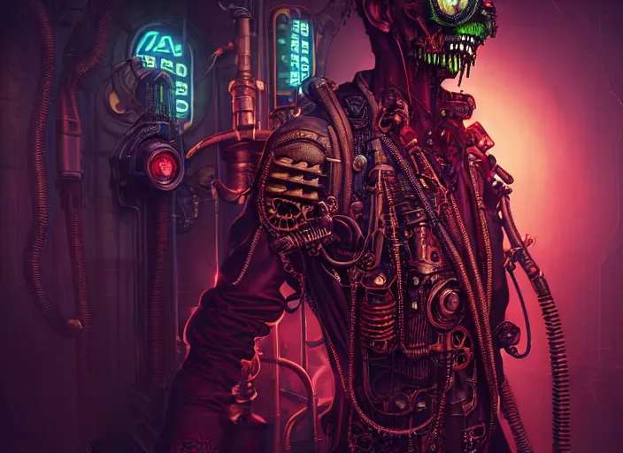 Image similar to an intricately detailed ultra - realistic unreal engine 5 rendering of a portrait of steampunk cyberpunk neon - bordered cyborg zombie dracula, concept art, intricate details, eerie, highly detailed, photorealistic, octane render, 8 k uhd art by kilian eng