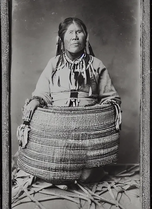 Image similar to Antique portrait of a Navajo woman dressed in traditional attire, posing in front of baskets she weaved, albumen silver print, Smithsonian American Art Museum
