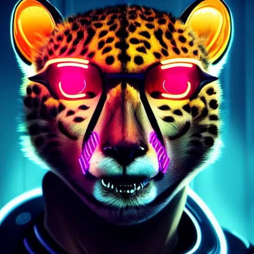 Image similar to a beautiful commission of an anthropomorphic cheetah wearing a neon jacket,futuristic,detailed face,character design by charles bowater,mohawk,cyberpunk style,deviantart,artstation,art by greg rutkowski,ross tran,professional lighting,neon city,night,raytracing,rtx,award winning,western comic style,shaep lineart,cg society