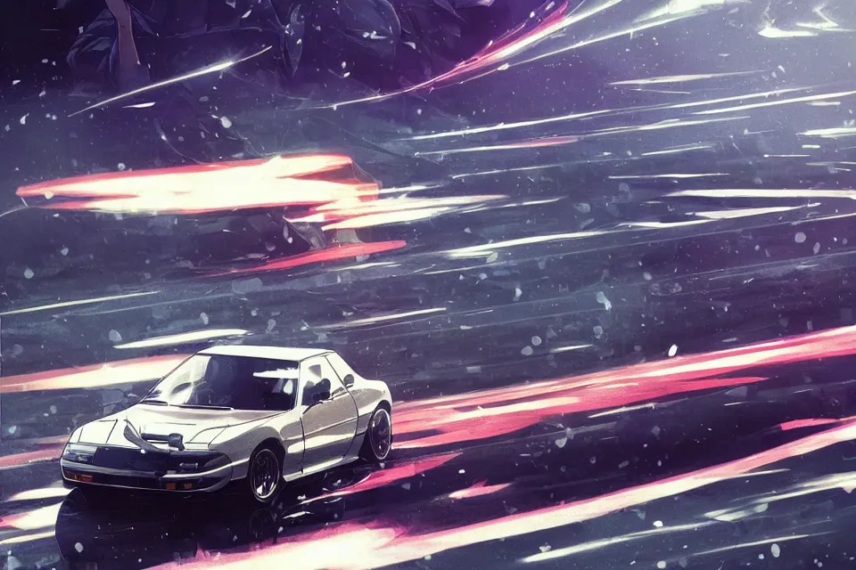 Image similar to aesthetic detailed illustration of ryosuke takahashi with black hair, standing by his white glossy mazda rx 7 on an empty highway at sunrise, cinematic lighting, initial d anime 1 0 8 0 p, detailed anime face, high detail, 9 0 s anime aesthetic, volumetric lights, rule of thirds, unreal engine 5 render, pinterest wallpaper, trending on artstation