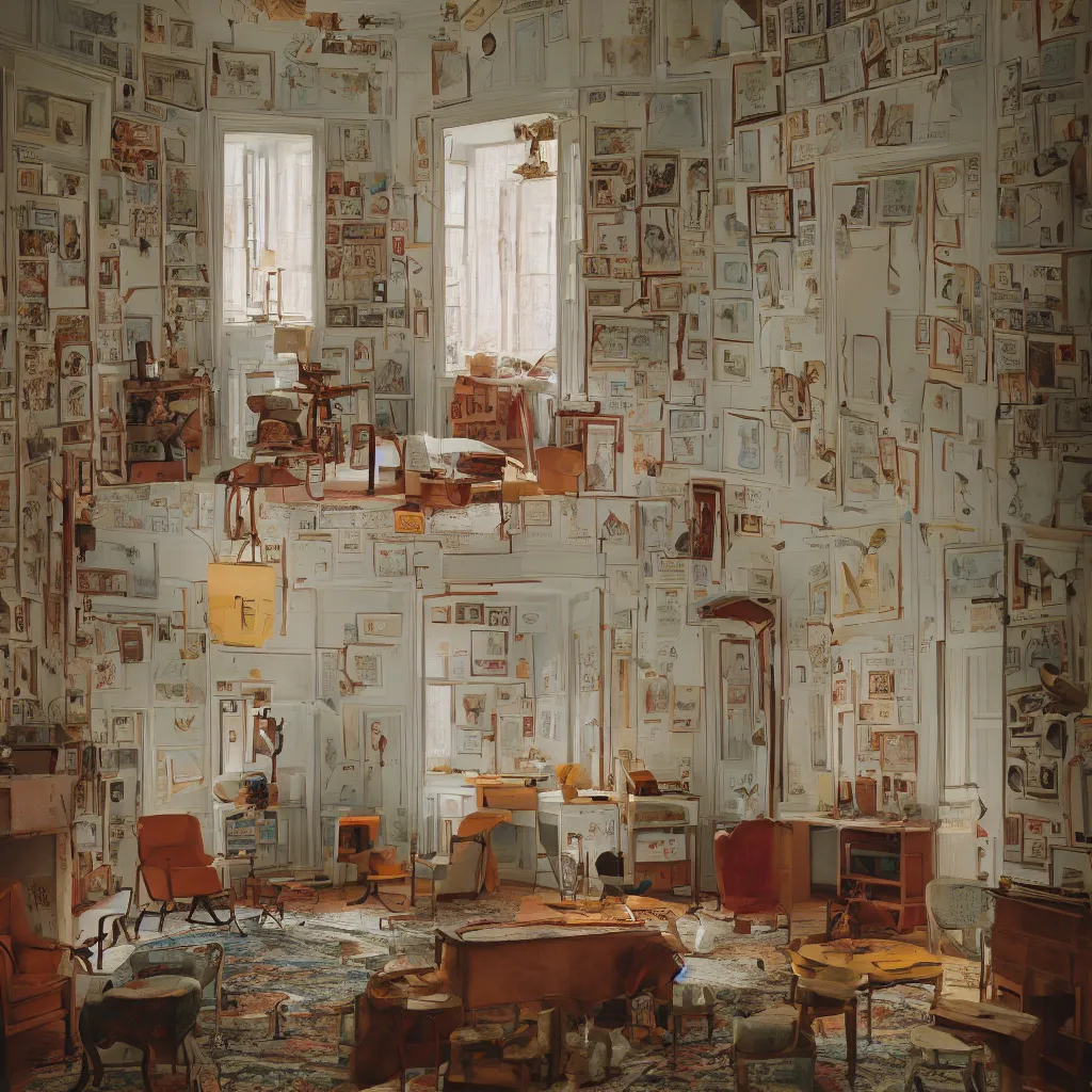 Image similar to promotional photograph of a room in the style of Wes Anderson, architecture magazine, dezeen, 50mm, pentax, film