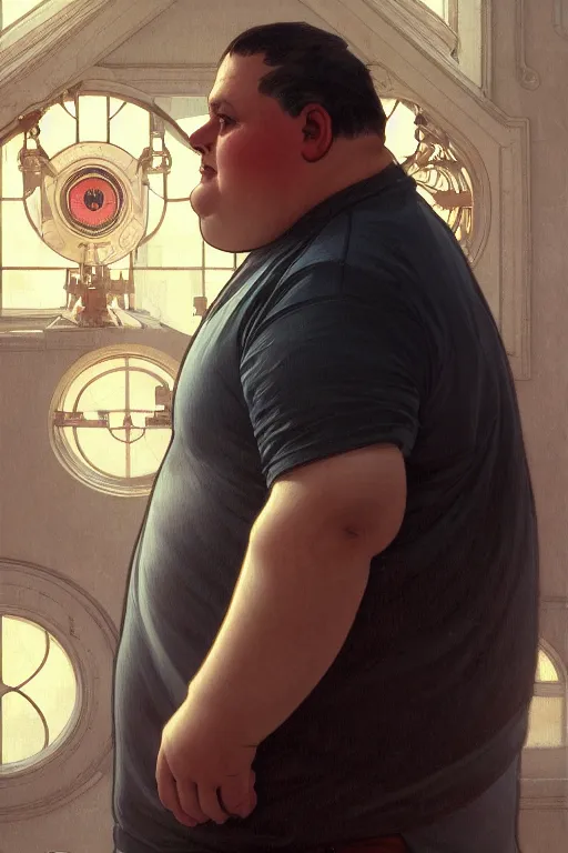 Prompt: a middle aged obese man as a canon man, realistic painting, symmetrical, highly detailed, digital painting, artstation, concept art, smooth, sharp focus, illustration, cinematic lighting, art by artgerm and greg rutkowski and alphonse mucha