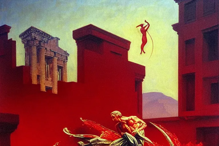 Image similar to only with red, a red melted apollo with a laurel wreath and a flaming sword announce win, athens in background, in the style of beksinski, parts by edward hopper, parts by rodcenko, parts by yue minjun, intricate and epic composition, red by caravaggio, insanely quality, highly detailed, masterpiece, red light, artstation, 4 k