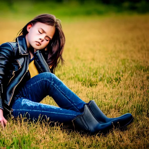 Image similar to young girl lies on a meadow, she wears leather jacket, jeans and black boots, intricate, sharp focus, photo taken by nikon, 4 k, studio lightning