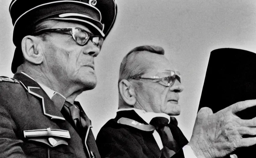 Prompt: 60s movie still of Josip Broz Tito with his general's cap delivering a speech at a great ceremony by Irving Penn , kodakchrome, heavy grainy picture, very detailed, high quality, 4k, HD criterion, precise texture