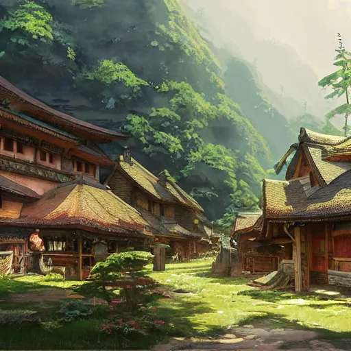 Image similar to concept art painting of a cozy village in a mountainous forested valley, historic english and european and japanese architecture, realistic, detailed, cel shaded, in the style of makoto shinkai and greg rutkowski and james gurney