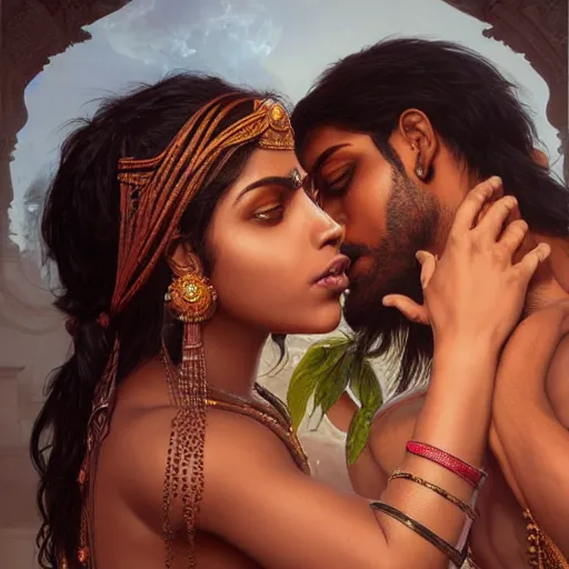 Image similar to portrait painting of dark muscular indian women kissing, ultra realistic, concept art, intricate details, eerie, highly detailed, photorealistic, octane render, 8 k, unreal engine. art by artgerm and greg rutkowski and alphonse mucha