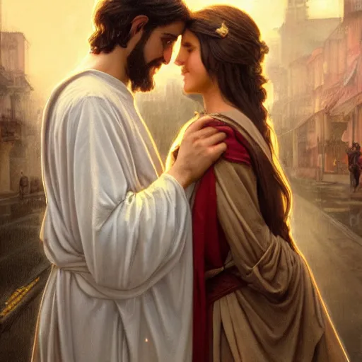 Image similar to jesus kissing a woman in a street, elegant, highly detailed, digital painting, artstation, concept art, matte, sharp focus, highly detailed, 4 k, hdr, smooth, sharp focus, high resolution, award - winning photo, photorealistic, art by artgerm and greg rutkowski and alphonse mucha, large shot