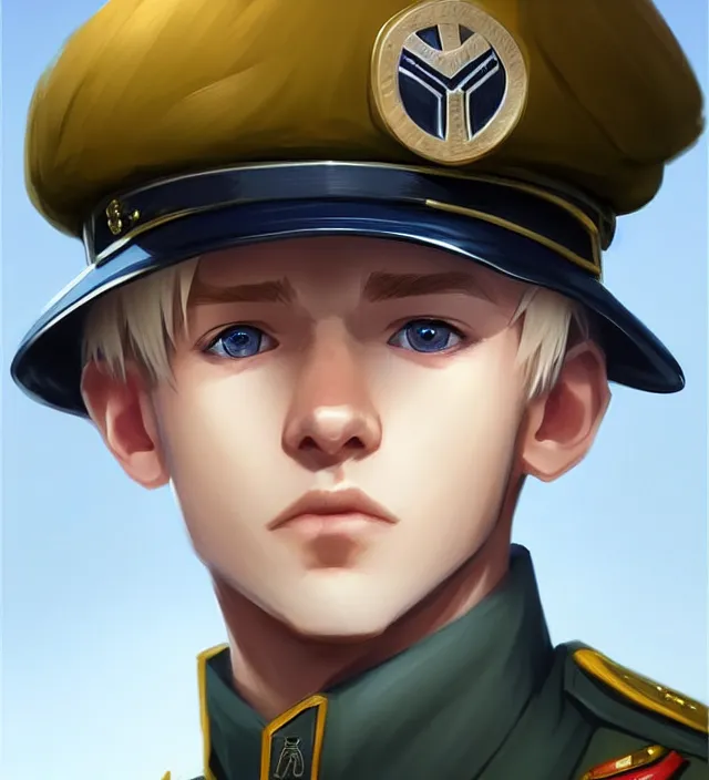 Image similar to character concept art of a cute young german boy with blond hair and bluish eyes, wearing a military uniform. lovely - fine - face, key visual, realistic shaded perfect face, fine details by rossdraws, james jean, andrei riabovitchev, marc simonetti, sakimichan, trending on artstation