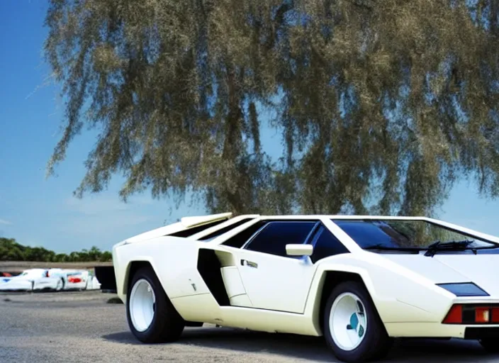 Prompt: a white lamborghini countach. palms and blue sky in the background. 8 0's style