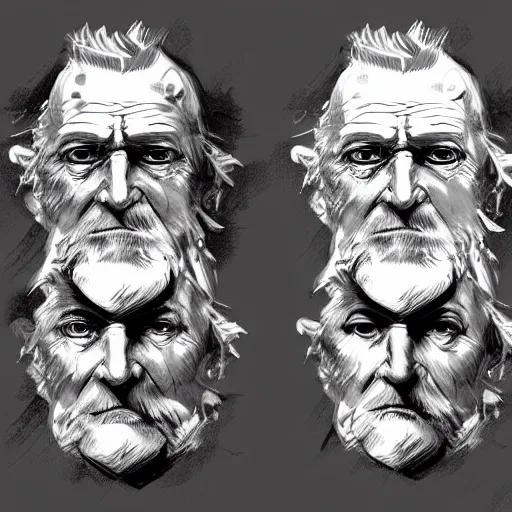 Image similar to faces reference sheet of old - man by ashley wood and j. m. w. turner, speed painting, matte painting, monochrome