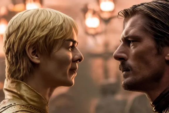 Image similar to very very intricate photorealistic photo of jaime lannister defeating cersei, photo is in focus with detailed atmospheric lighting, award - winning details