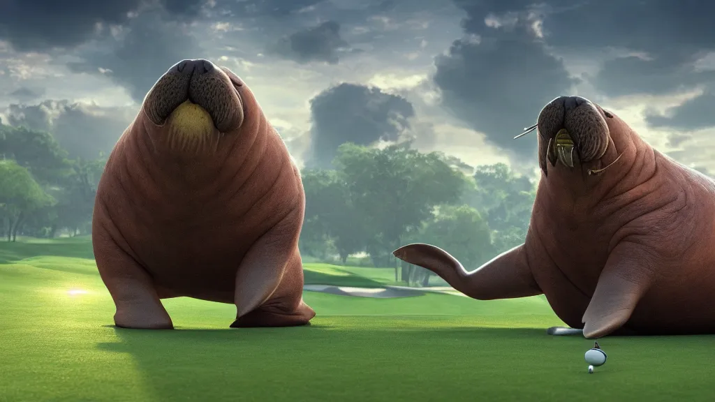 Prompt: a walrus on a golf course, fantasy artwork, hd, hdr, ue 5, ue 6, unreal engine 5, cinematic 4 k wallpaper, 8 k, ultra detailed, high resolution, artstation, award winning