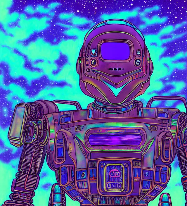 Prompt: a portrait of a mecha dragon in a iridescent intricate spacesuit, digital art, 4 k, synthwave color palette, galactic background, vintage sci - fi soft grainy, inspired moebius, inspired by tim white, in the style of studio ghibli