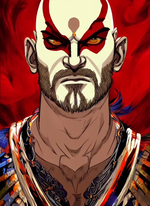 Prompt: portrait of a psychedelic kratos from god of war, digital painting masterpiece, advanced lighting technology, stylized yet realistic anatomy and face, gorgeous, by reiq and bengus and akiman and shigenori soejima and bastien vives and balak and michael sanlaville and jamie hewlett, 4 k wallpaper, cinematic, gorgeous brush strokes, coherent and smooth