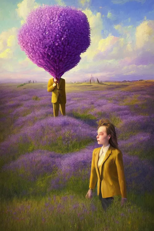 Prompt: portrait, giant lilac flower as the head, ba lack woman in a suit in a heather field, surreal photography, golden hour, colorful clouds, impressionist painting, digital painting, artstation, simon stalenhag