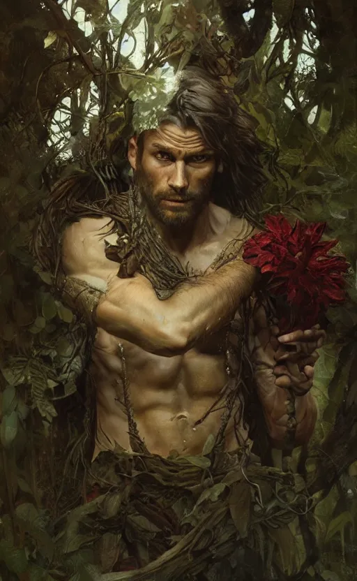 Image similar to god of the forest, 3 0 years old, rugged, handsome, male, detailed face, clean lines, atmospheric lighting, amazing, full body, flowers, muscular, intricate, highly detailed, digital painting, artstation, concept art, sharp focus, illustration, art by greg rutkowski and alphonse mucha