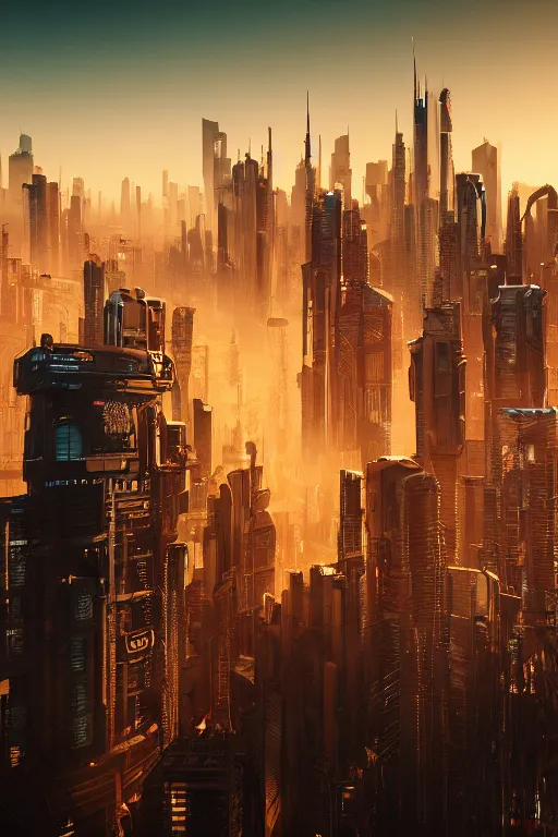 Image similar to cyberpunk cityscape with tall buildings at dusk golden hour orange cinematic lighting, epic composition. A golden daylight, hyper-realistic environment. Hyper and intricate detail, photo-realistic. Cinematic and volumetric light. Epic concept art. Octane render and Unreal Engine, trending on artstation