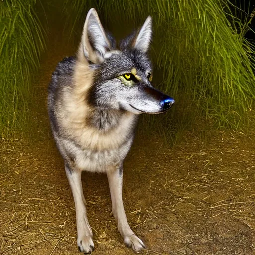 Image similar to winged wolf with glowing green eyes, award winning photograph