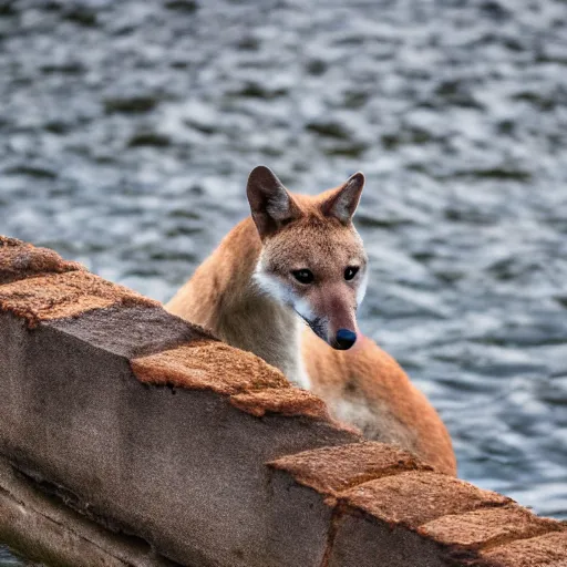 Prompt: close up photo of a rare thylacine, drinking water from a lake in tasmania, bokeh, 1 0 0 mm lens, 4 k award winning nature photography. masterpiece