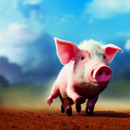 Image similar to a happy pig jumping around in a muddy enclosure. concept art. cute. blue sky. 4 k