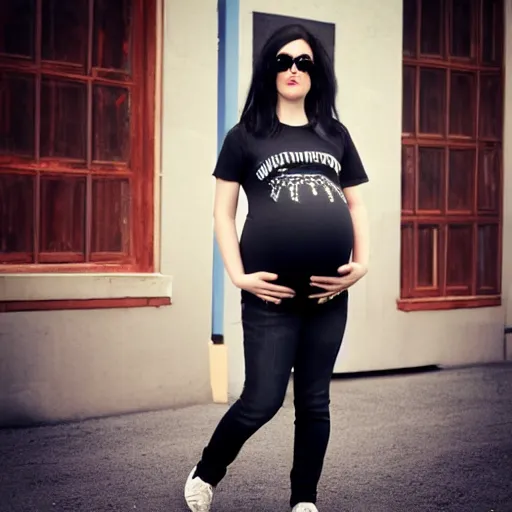 Image similar to pregnant goth man, tee shirt and jeans, black hair