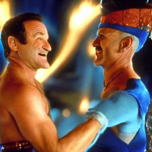 Prompt: a photo of robin williams turning into the genie from disney's aladin mid fight during a fist fight with bruce willis from die hard