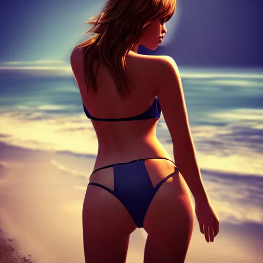 Image similar to a photorealistic hyperrealistic, girl in bikini on the beach, dressed, beautiful dynamic dramatic low - light moody lighting, cinematic atmosphere, concept design art, trending on artstation, 8 k