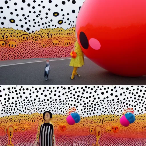 Prompt: daft, ridiculous, joyous, yayoi kusama being chased by a giant ballon dog, nendroid, during golden hour. extremely silly in style of butcher billy.