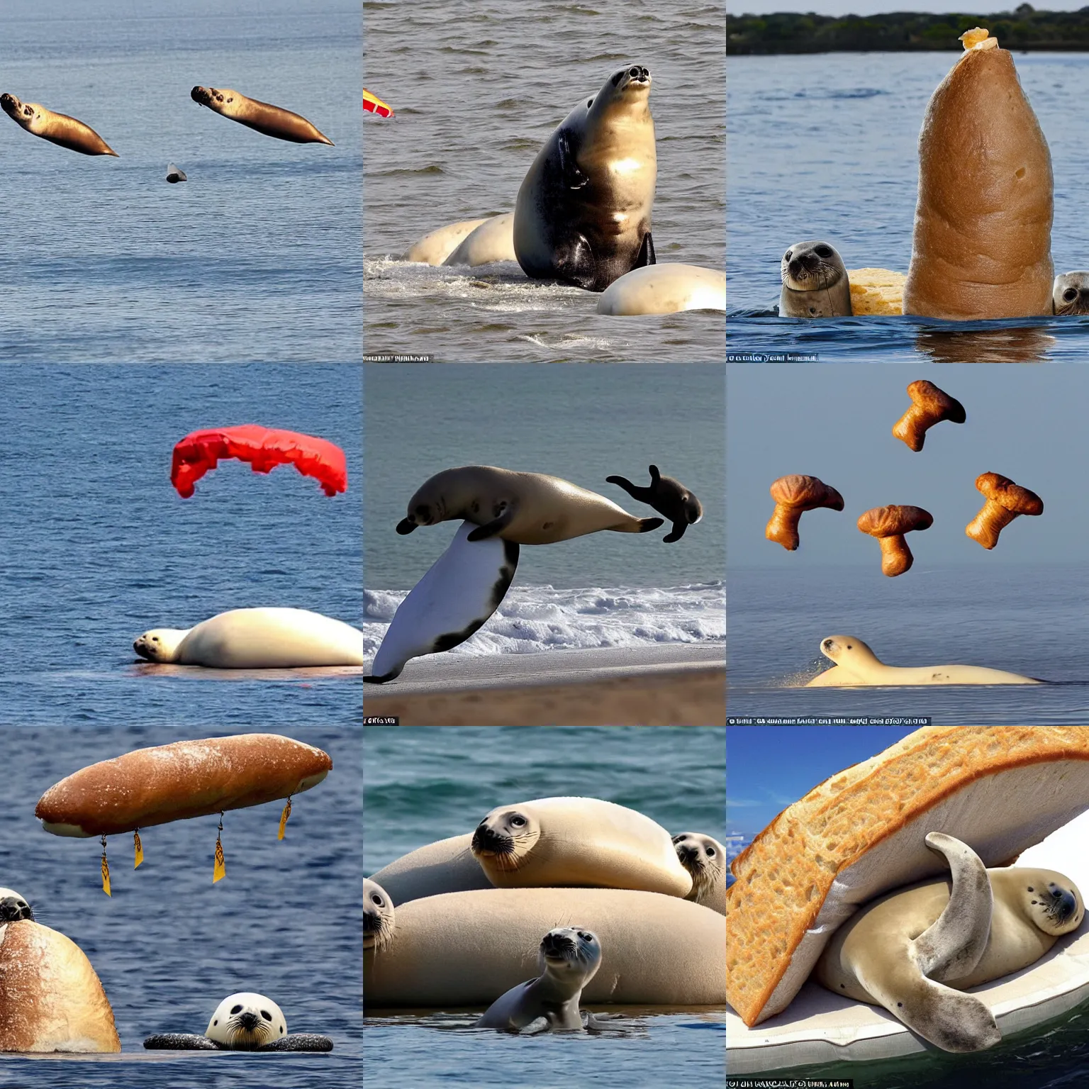 Prompt: action movie shot of baby seals disguised as loaves of bread parachute down to mar - a - lago to retrieve nuclear documents, high quality news footage