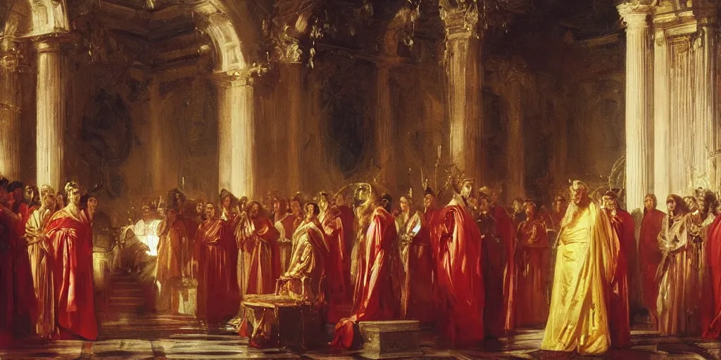 Image similar to beautiful oil painting, steve buscemi in royal crimson robes enthroned as the god emperor of ancient rome surrounded by servants in gilded halls a golden wreath upon his head, by anders zorn, wonderful masterpiece by greg rutkowski, beautiful cinematic light, american romanticism, by thomas lawrence, greg rutkowski