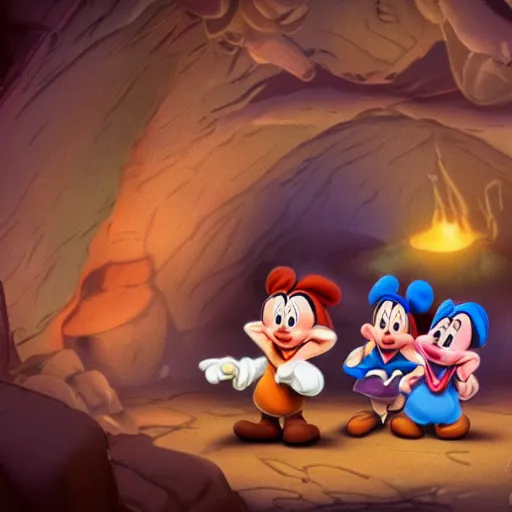 Prompt: Disney seven dwarfs mining crystals in the cave. cartoon. illustration cinematic. high details