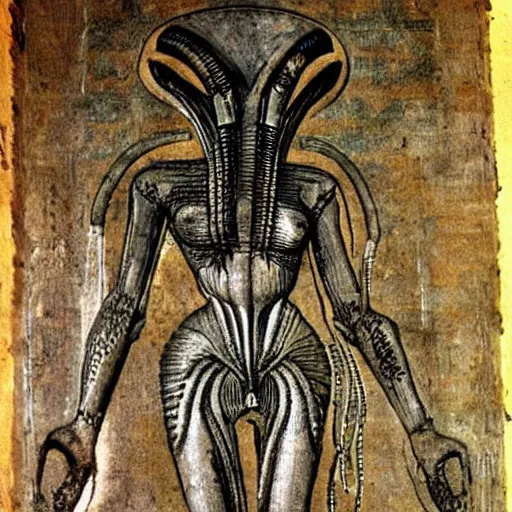 Image similar to ancient egyptian art of xenomorph giger alien from movie alien