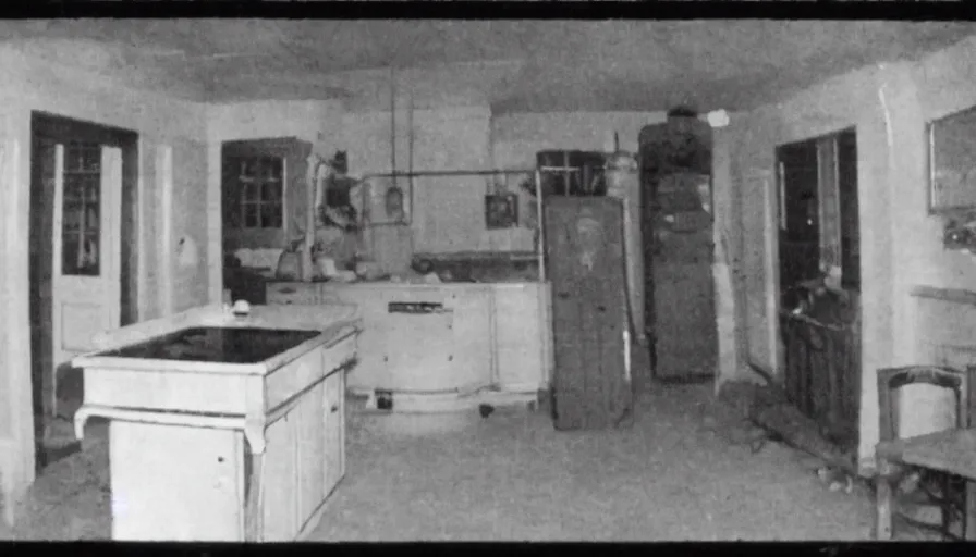 Image similar to a ai in a stalinist style kitchen, by mini dv camera, very very low quality, heavy grain, very blurry, accidental flash, webcam footage, found footage, security cam, caught on trail cam