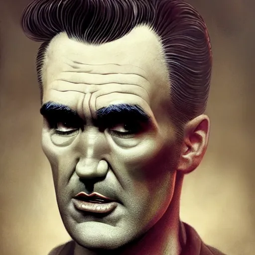 Prompt: portrait of a handsome morrissey as a zombie with a large quiff and thick eyebrows, 7 days to die zombie, fine art, award winning, intricate, elegant, sharp focus, cinematic lighting, digital painting, 8 k concept art, art by z. w. gu, art by brom, art by michael hussar, 8 k