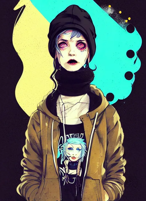 Prompt: highly detailed portrait of a sewer punk lady student, blue eyes, tartan hoody, hat, white hair by atey ghailan, by greg tocchini, by kaethe butcher, gradient yellow, black, brown, peach and cyan color scheme, grunge aesthetic!!! ( ( graffiti tag wall flat colour background ) )