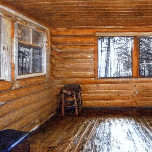 Prompt: a picture taken on an old photo with a bad bitrate inside of a cabin, there is mold all over the cabin floor, 2.2mm Lens.