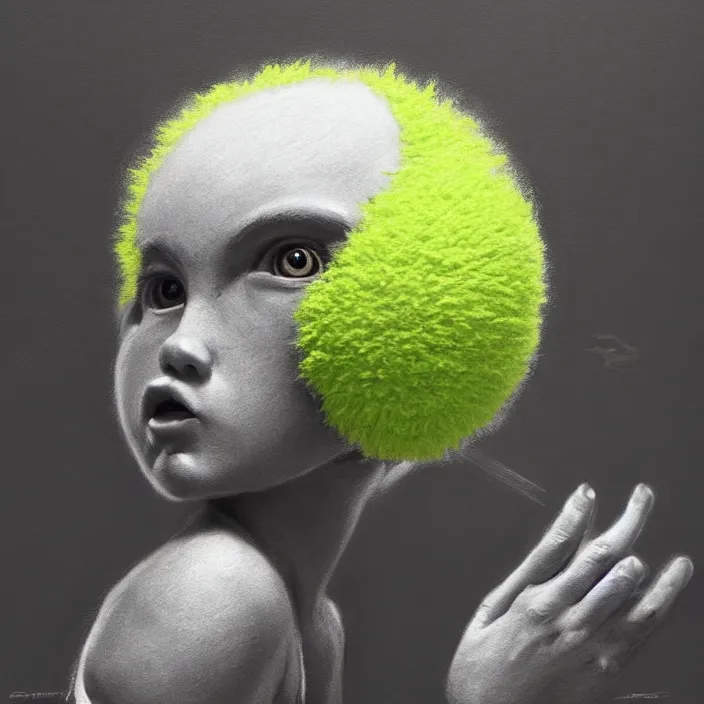 Prompt: cinematic portrait of a cute tennis ball monster stopped in time, chalk, masterpiece, trending on artstation, featured on pixiv, cinematic composition, dramatic pose, beautiful lighting, sharp details, hyper - detailed, hd, hdr, 4 k, 8 k, art by basil gogos