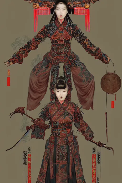 Prompt: ancient chinese zombies - body official clothes of the qing dynasty, symmetrical. sci - fi, tech wear, glowing lights, intricate, elegant, highly detailed, digital painting, highly detailed, digital painting, artstation, concept art, smooth, sharp focus, illustration, art by artgerm and greg rutkowski and alphonse mucha