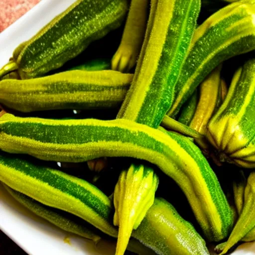 Prompt: a dish of okra veg with green stalky ( ( green oprah winfrey's face ) ), oprah okra winfrey sentient veg