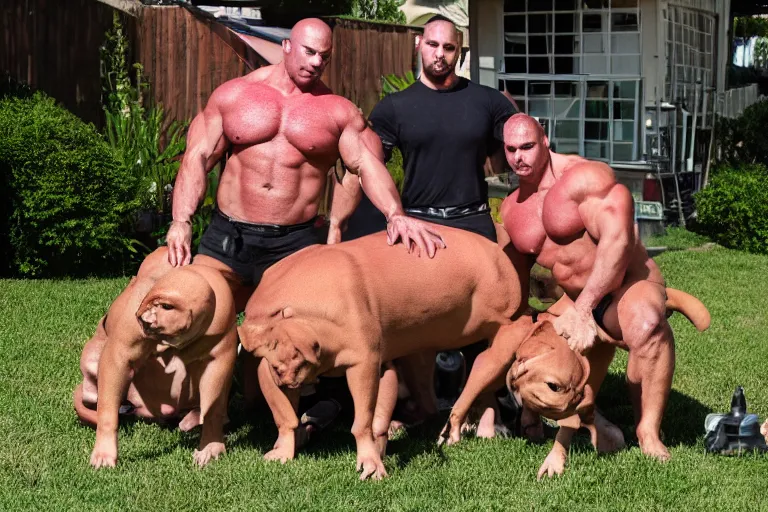 Prompt: strong muscle bull dogs posing in the yard