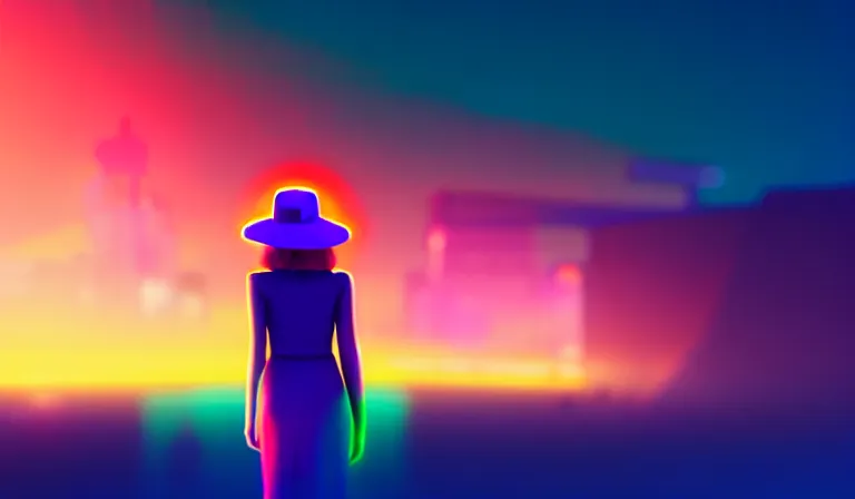 Prompt: the sillhouette of a teenager girl with a hat, looking at a a beautiful and immaculate futuristic city night time, neon colors. vaporwave ombre rendering. trending on artstation. recommended for you behance. by chris moore. by edward hopper. beeple colors. metropolis filmic.