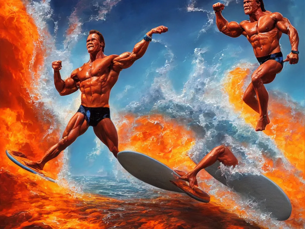 Image similar to detailed portrait of an arnold schwarzenegger surfing on lava wave by boris vallejo, stunning scene, 8 k, digital painting, hyperrealism, bright colors, trending on artstation