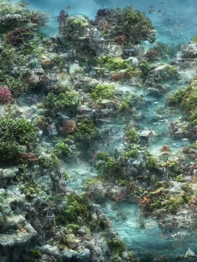 Image similar to partly underwater merpeople town made of rocks and sand, cute style garden, octane render, algae - trees, evergreen, patio, garden, wet atmosphere, tender, soft light misty yoshitaka amano, and artgerm