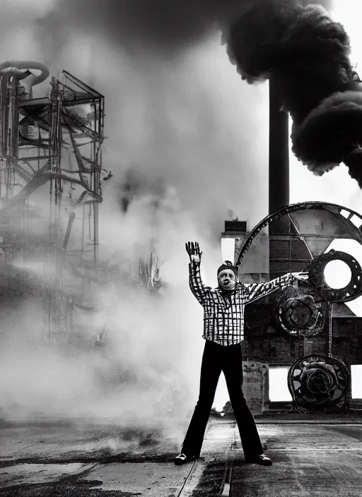 Image similar to an award winning photo of a 1980s punk holding up a huge industrial cog while being blasted with steam, photorealistic, background is abandoned power plant