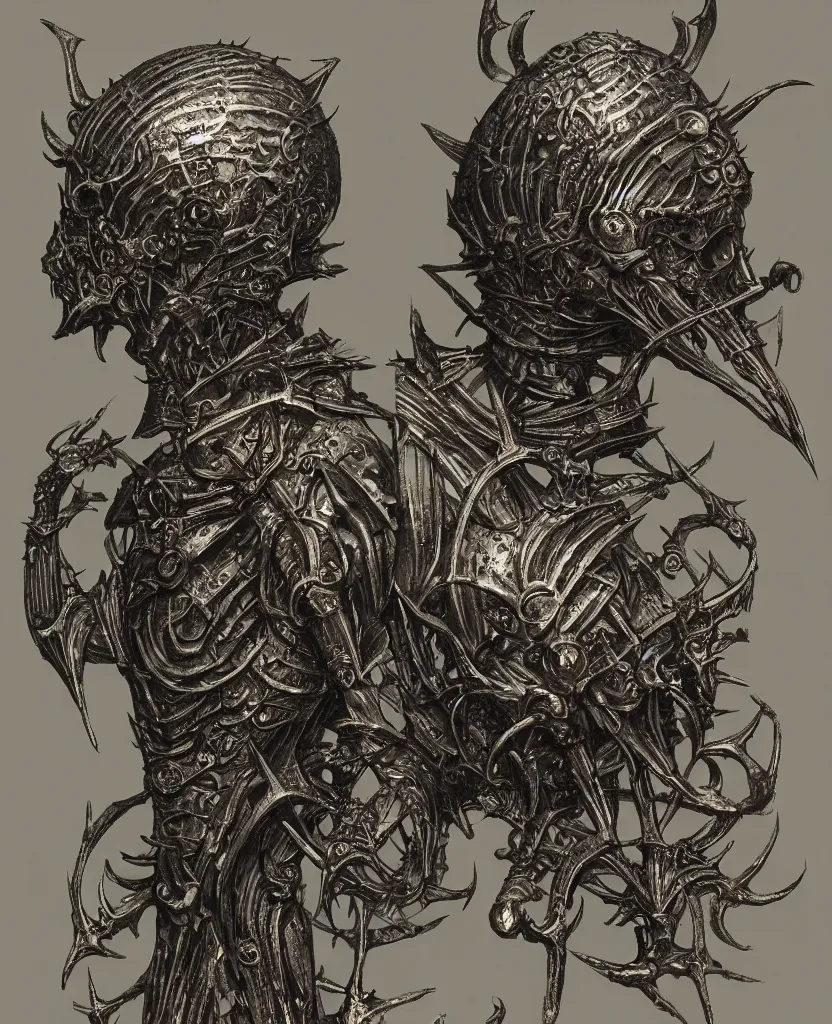 Image similar to a filigree ornamental medieval iron and black bronze helmet with skeletal features and short spikes, art by (((wayne barlowe))), hr giger, hedi xandt, foggy, dimly lit, artstation, concept art,